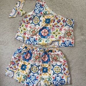 Tile Print Two-Piece Lounge Set in White with Multicolor Tiles